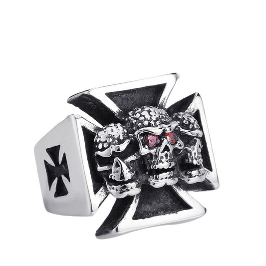 Edgy Vintage Titanium Steel Skull Ring for Men with Sparkling Zircon Accents