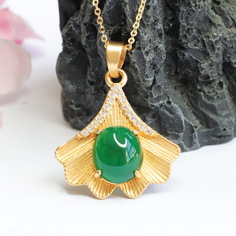 Ginkgo Leaf Pendant Necklace with Imperial Green Chalcedony