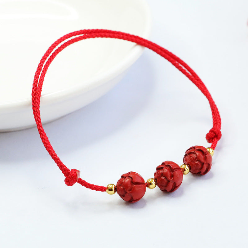 Cinnabar Lotus Bead Sterling Silver Hand Bracelet