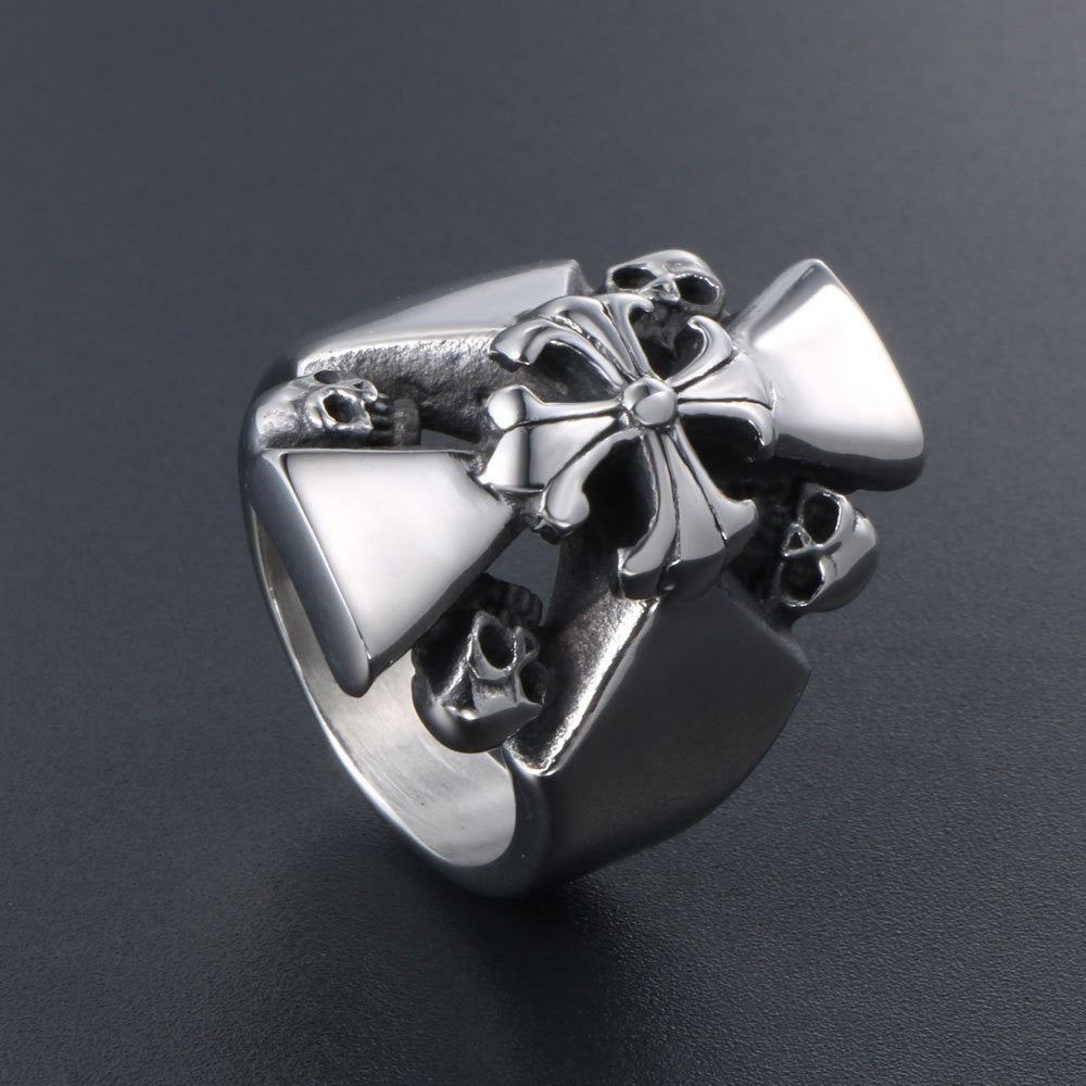 Titanium Steel Skull and Cross Flower Ring for Men - Retro Hip-Hop Jewelry