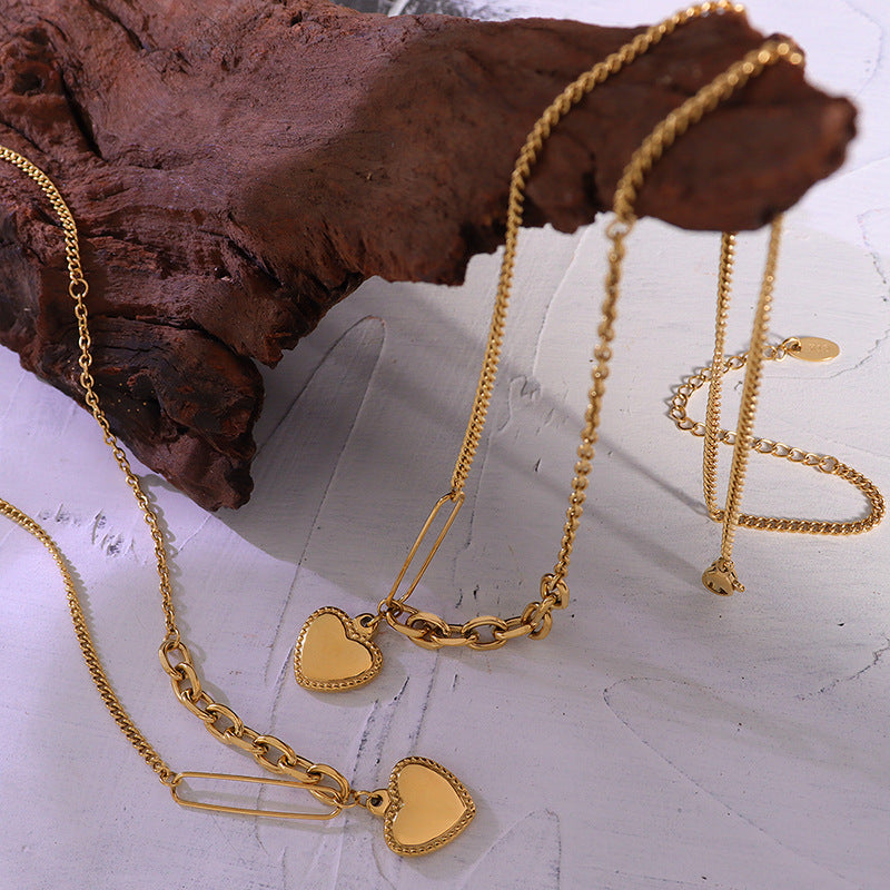 Luxury 18K Gold Plated Heart Necklace with Titanium Chain - Hip-Hop Style