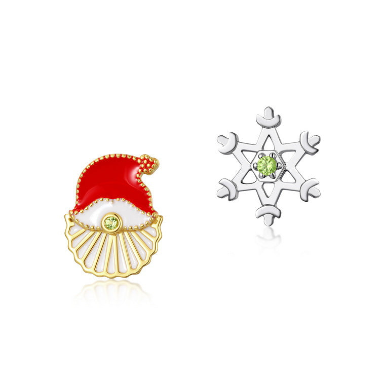 Christmas Santa Claus Snowflake Green Zircon Asymmetric Sterling Silver Stud Earrings