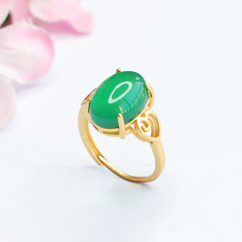 Green Chalcedony Sterling Silver Retro Hollow Ring