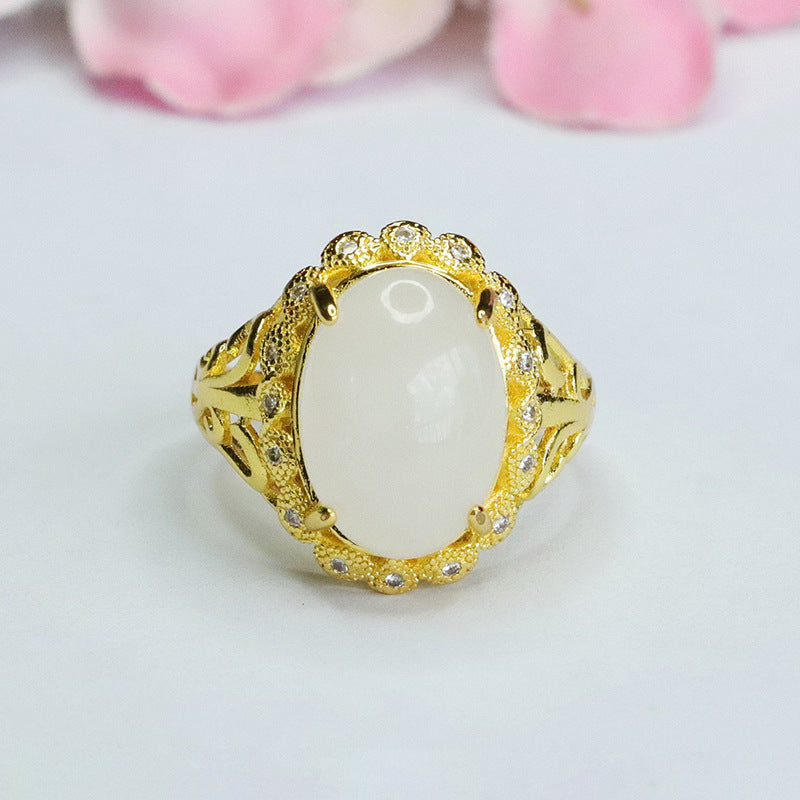 Exquisite Fortune's Favor Sterling Silver Ring with Oval White Hotan Jade and Zircon Petals