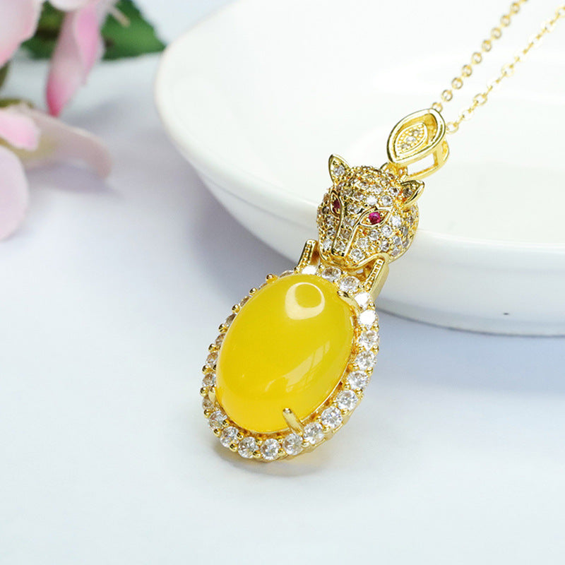 Yellow Chalcedony Zircon Leopard Pendant With Oval Ice Design