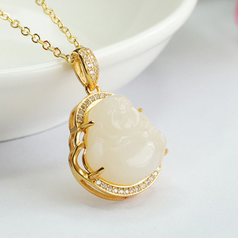 White Jade Buddha Necklace with Zircon in Sterling Silver