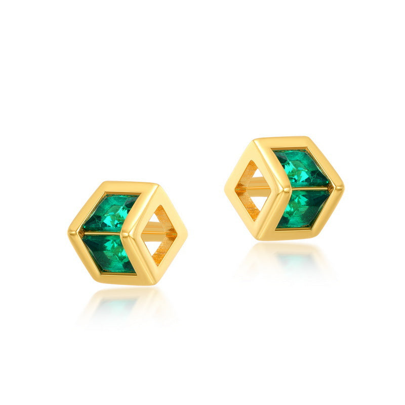 Green Zircon Hollow Cube Sterling Silver Stud Earrings