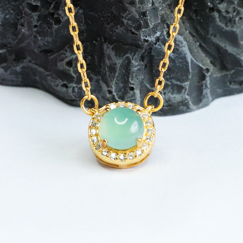 Elegant 925 Sterling Silver Natural Jade Ice Blue Green Round Bead Zircon Halo Necklace