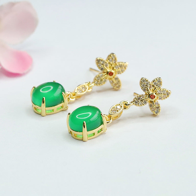 Golden Flower Earrings with Silver Hook featuring Green Chalcedony and Red Agate