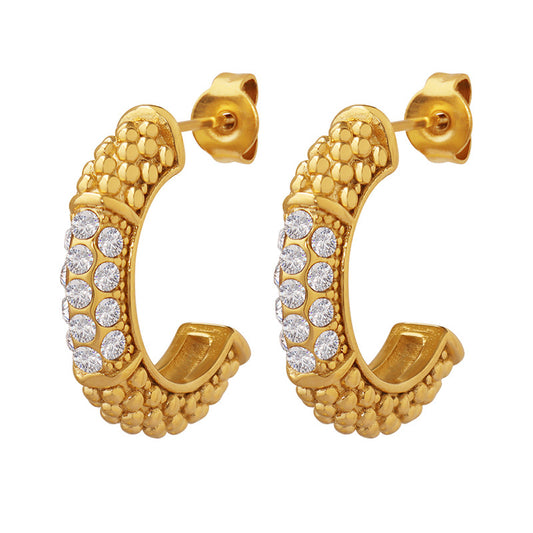 Golden Zircon C-Shaped Earrings by Planderful - Fashion Jewelry for Women