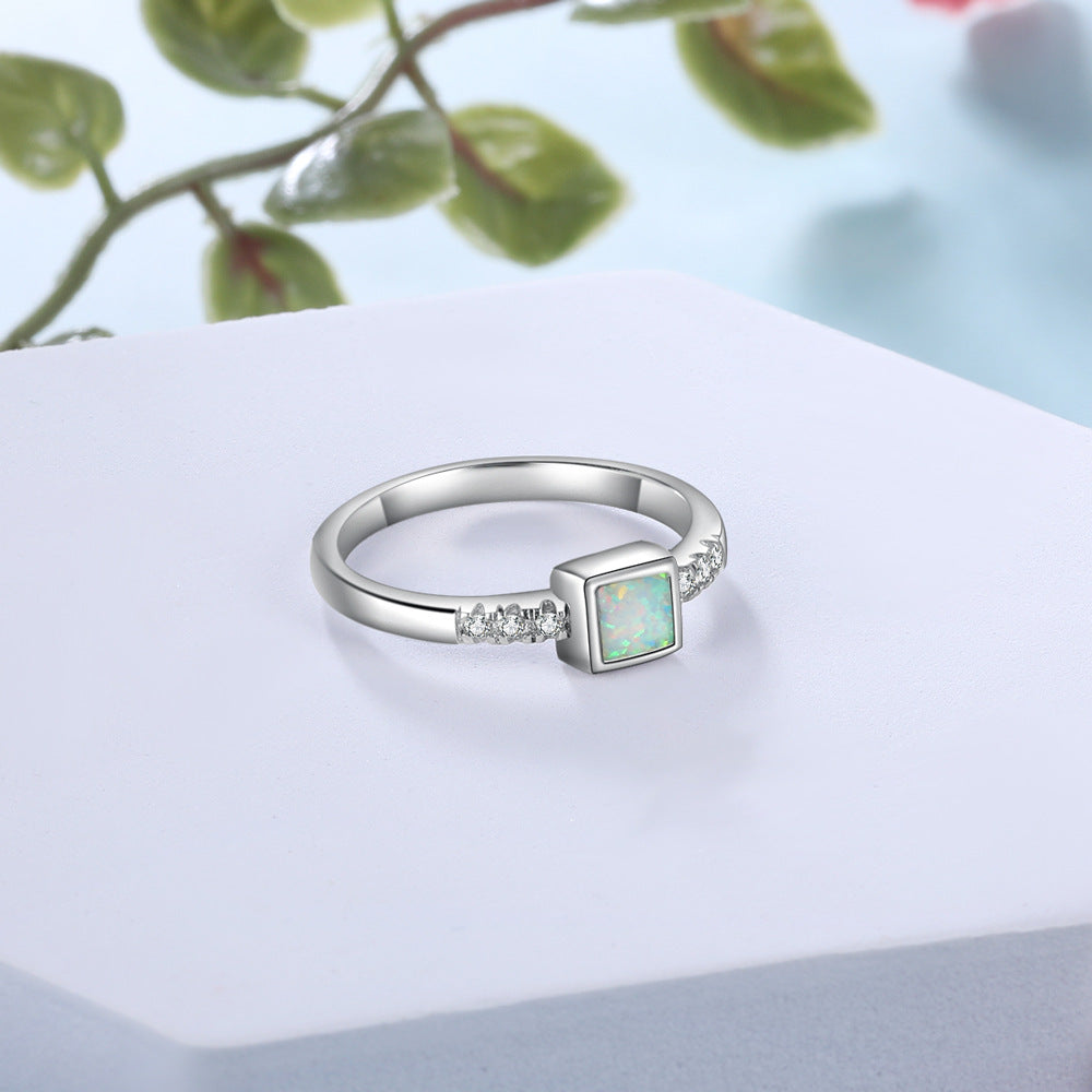 Square Opal with Zircon Sterling Silver Ring