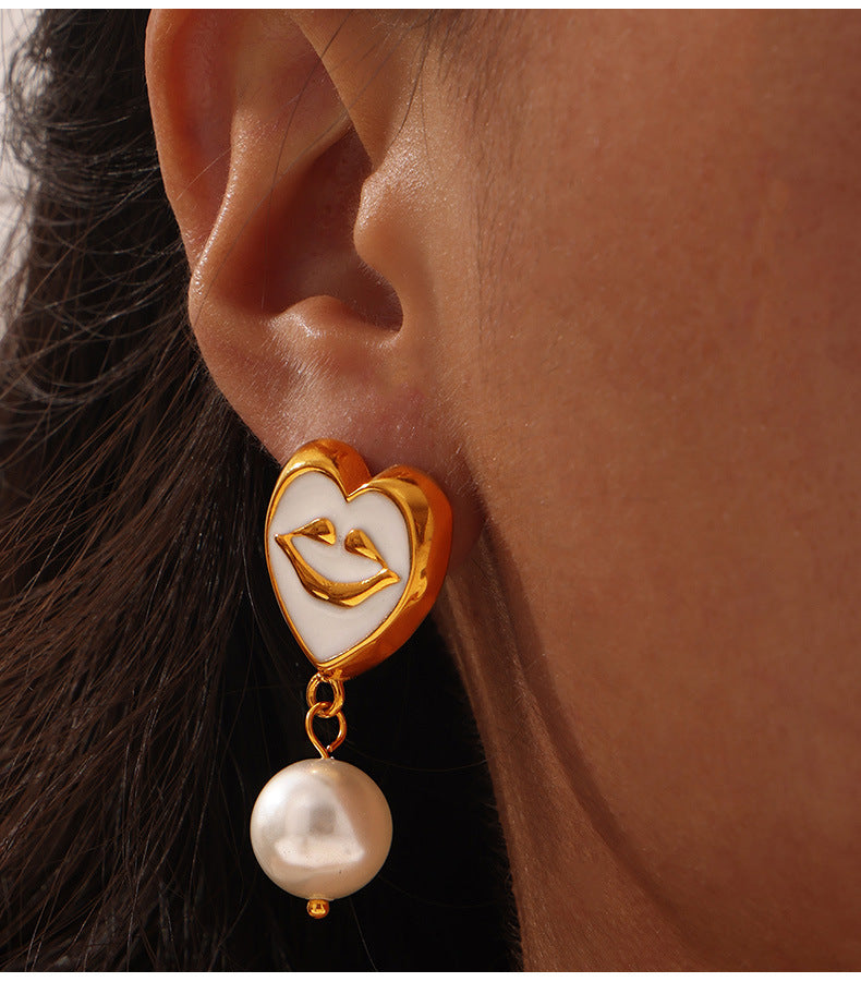 Enamel Glaze Heart Smile Earrings with Shell Bead Accent