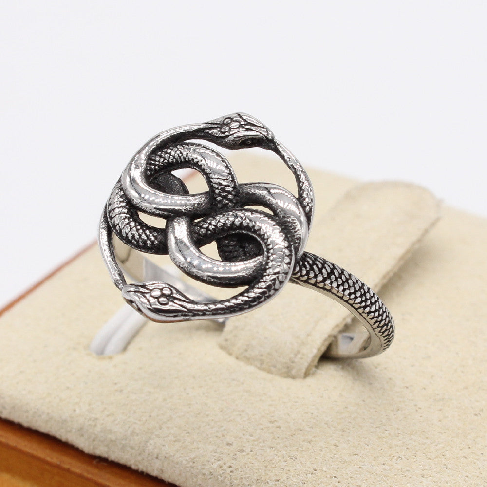 Entangled Double Ouroboros Snakes Titanium Steel Ring for Men