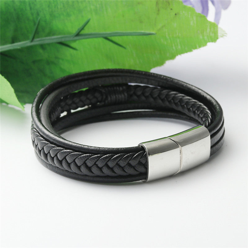 Punk-Inspired Titanium Steel Cross Hook Leather Bracelet for Men