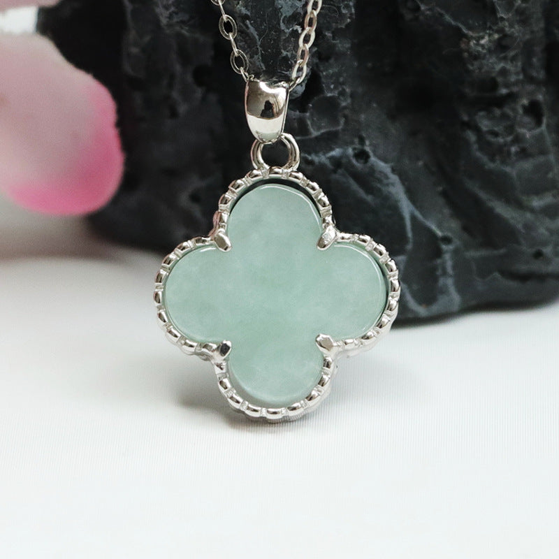 Jade Clover Pendant Necklace with Sterling Silver Chain