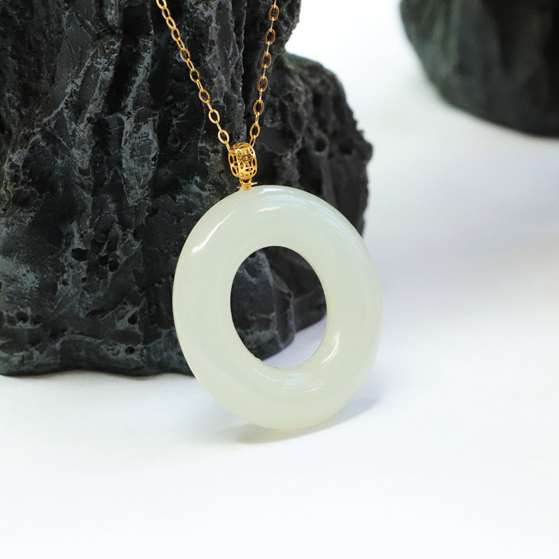 Hollow Circle White Jade Necklace with Sterling Silver Pendant