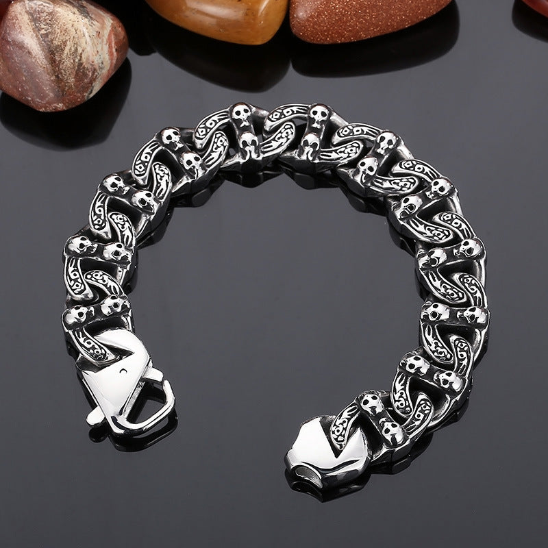 Retro Skull Cuban Chain Bracelet for Men - Hipster Style in Titanium Steel with Spring Buckle