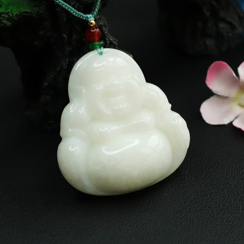 Large White Jade Buddha Necklace crafted with Natural Hotan Jade