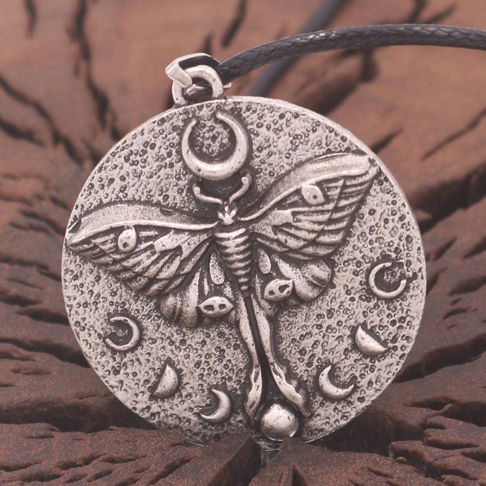 Butterfly Skull Pendant Necklace with Moth Moon Totem - Men's Retro Zinc Alloy Jewelry