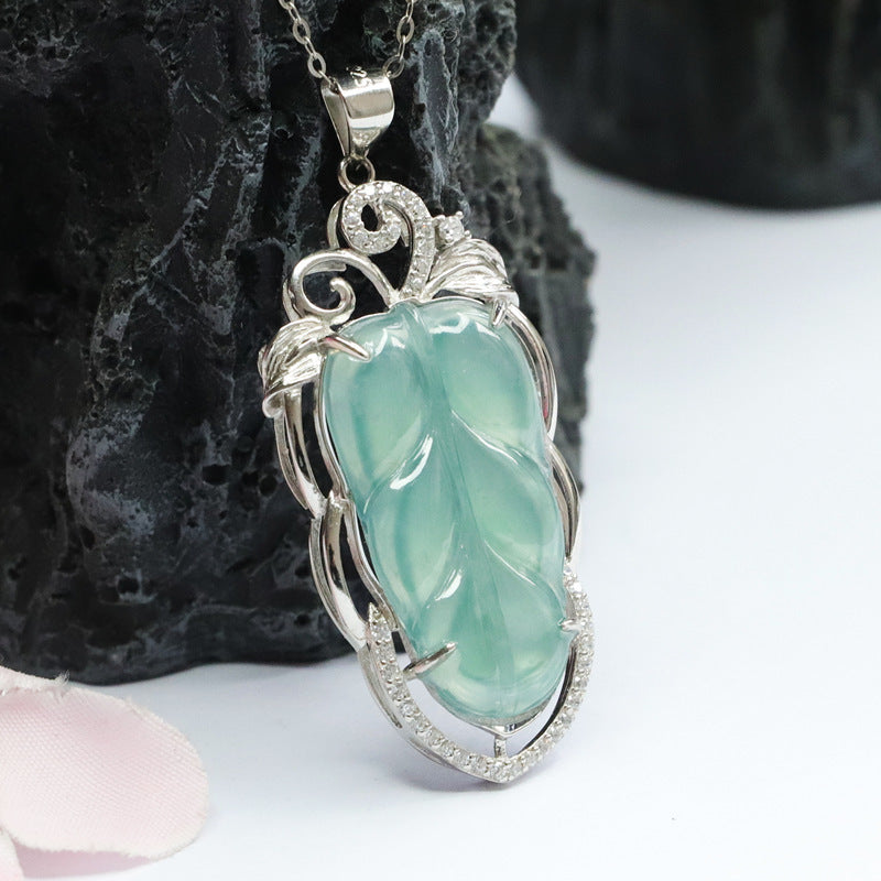 Ice Blue-Green Leaves Hollow Necklace with Jade Gemstone