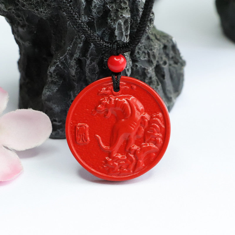 Red Sand Round Cinnabar Zodiac Tiger Sterling Silver Pendant