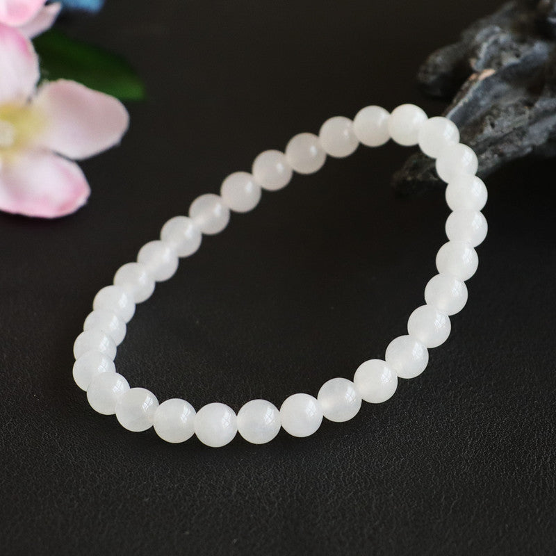 White Jade Round Beads Sterling Silver Bracelet