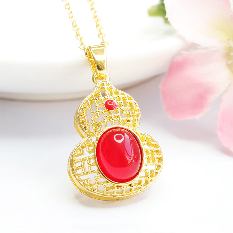 Natural Green Chalcedony Red Agate Hollow Gourd Golden Pendant Ethnic Style