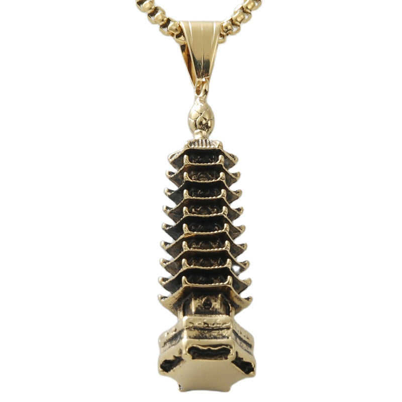 Titanium Steel Hexagonal Pagoda Pendant Necklace for Men - Personalized Retro Trendy Design