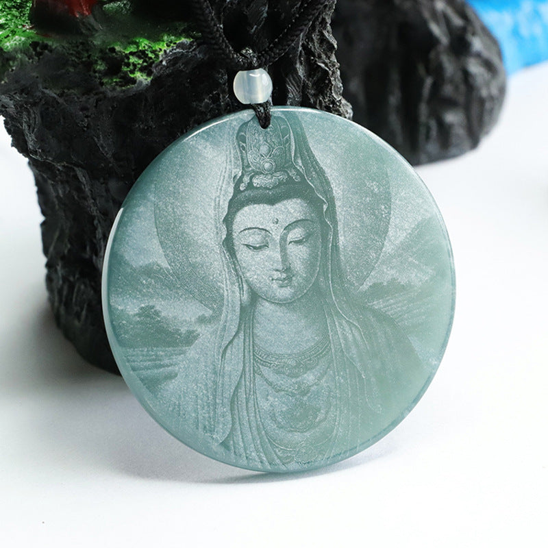 Guanyin Bodhisattva Carved Jade Pendant with Sterling Silver Chain