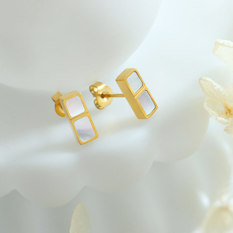 Square White Seashell Earrings with Titanium Steel Gold-Plated Accent