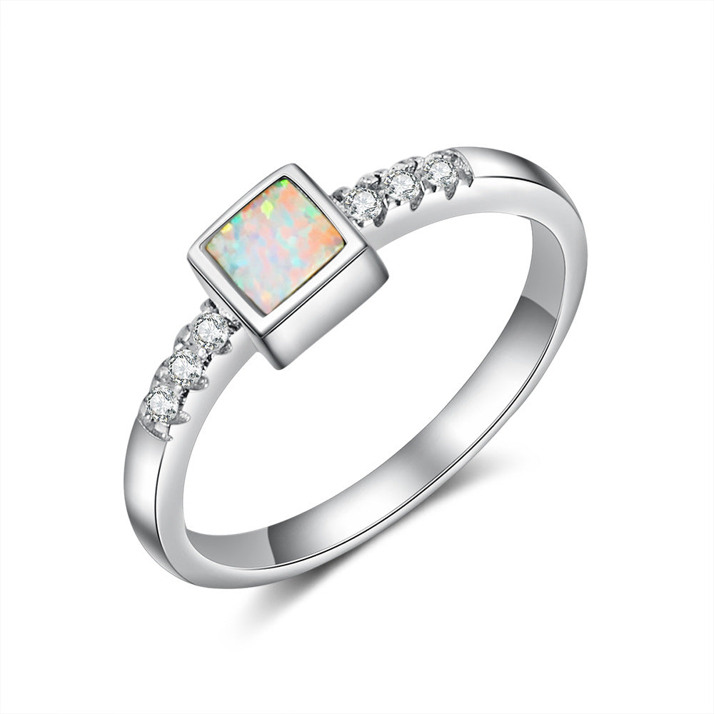 Square Opal with Zircon Sterling Silver Ring