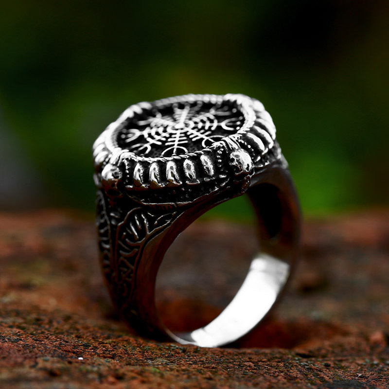 Nordic Viking-Inspired Stainless Steel Skull Ring with Compass for Men