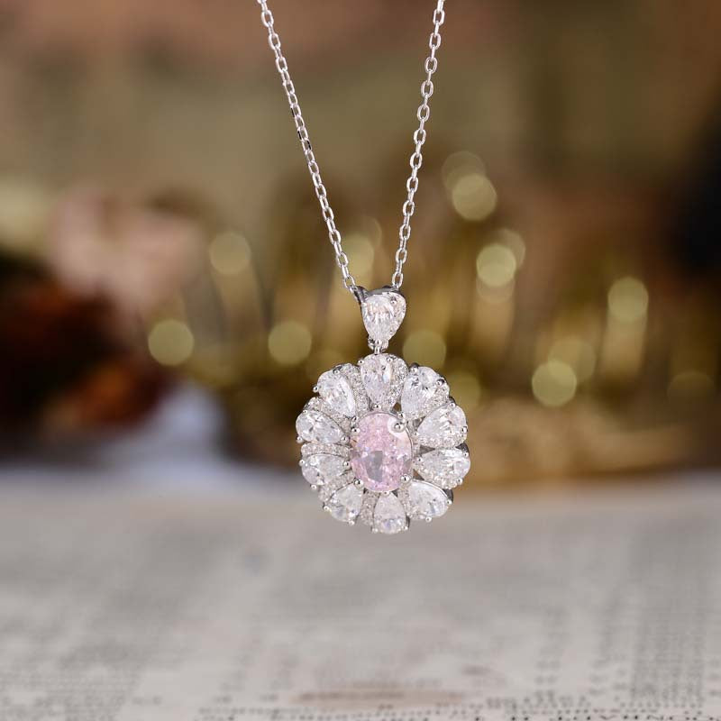 Flower Halo Oval Cut Pink Zircon Silver Necklace