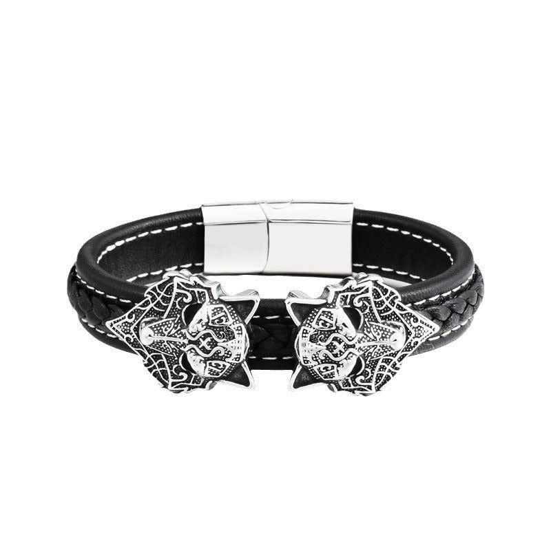 Vintage-Inspired Double Wolf Head Bracelet for Men – Stylish Soft Leather and Stainless Steel Jewelry