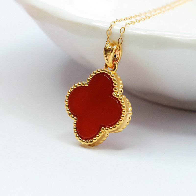 Red Agate Clover Pendant with Golden Edge