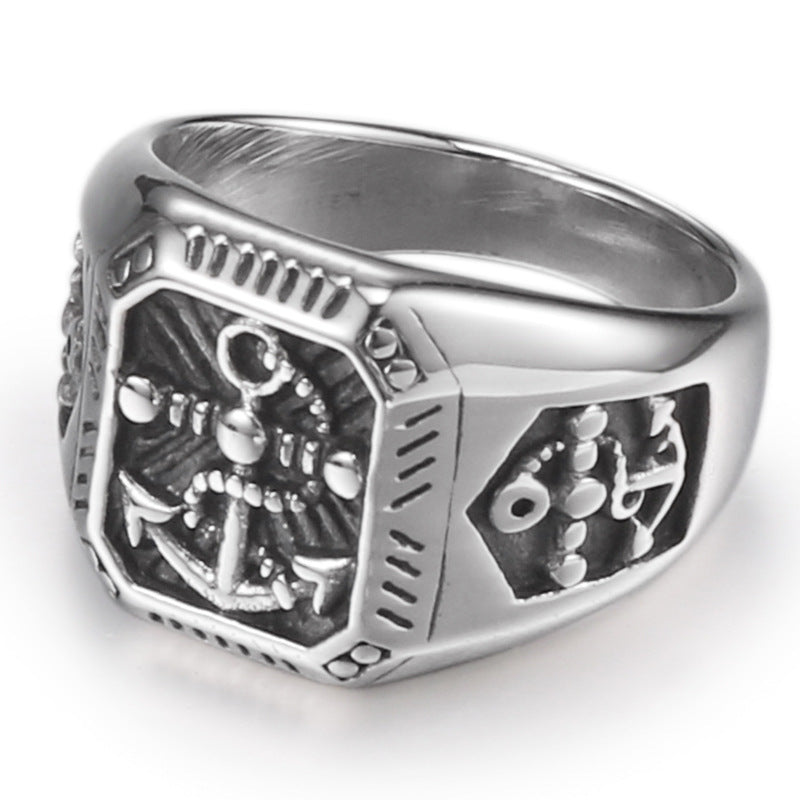 Titanium Steel Pirate Anchor Ring for Men - Stylish European and American Design