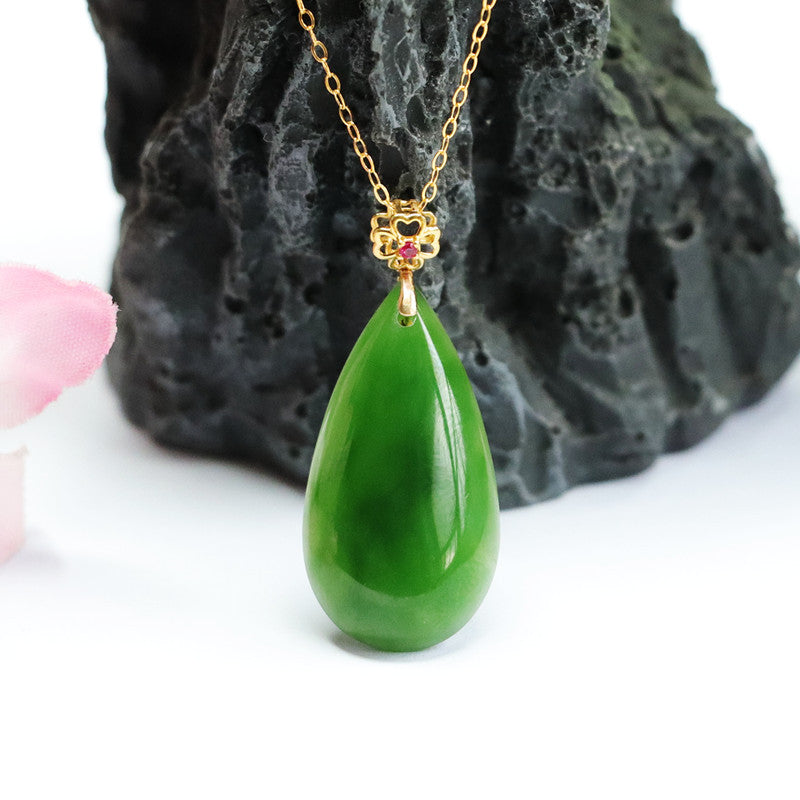 Fortune's Favor Hetian Jade Water Drop Four Leaf Clover Necklace