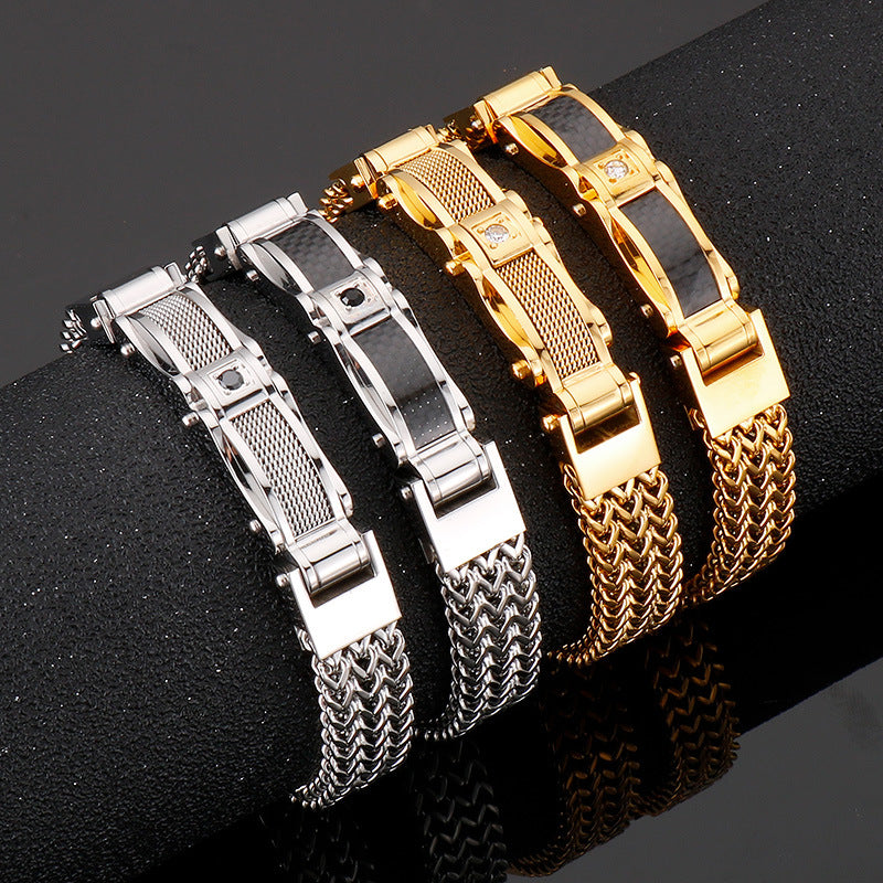 Men's Zircon-Studded Gold Stainless Steel Bracelet - European and American Hipster Style