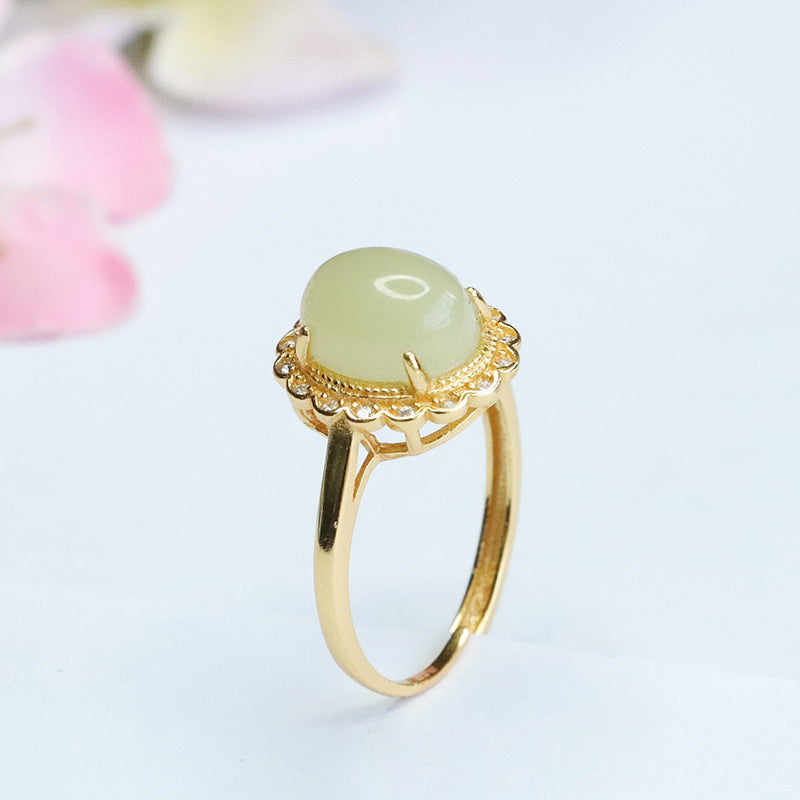 S925 Silver Hetian Jade and Zircon Petal Adjustable Ring