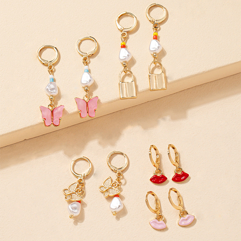 Butterfly Charm Earrings Set with Small Lock Detail