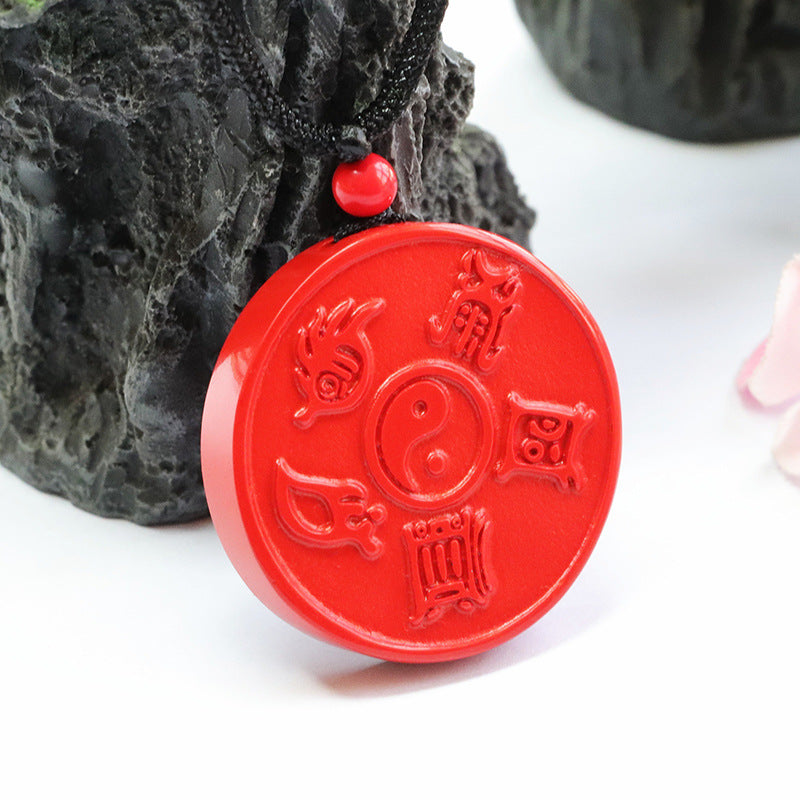 Round Red Cinnabar Pendant with Taoist Symbolism