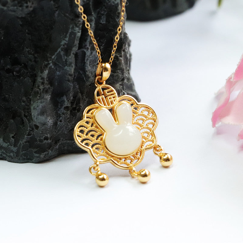 Silver Rabbit Blessing Necklace with Natural White Jade Hollow Ruyi Pendant