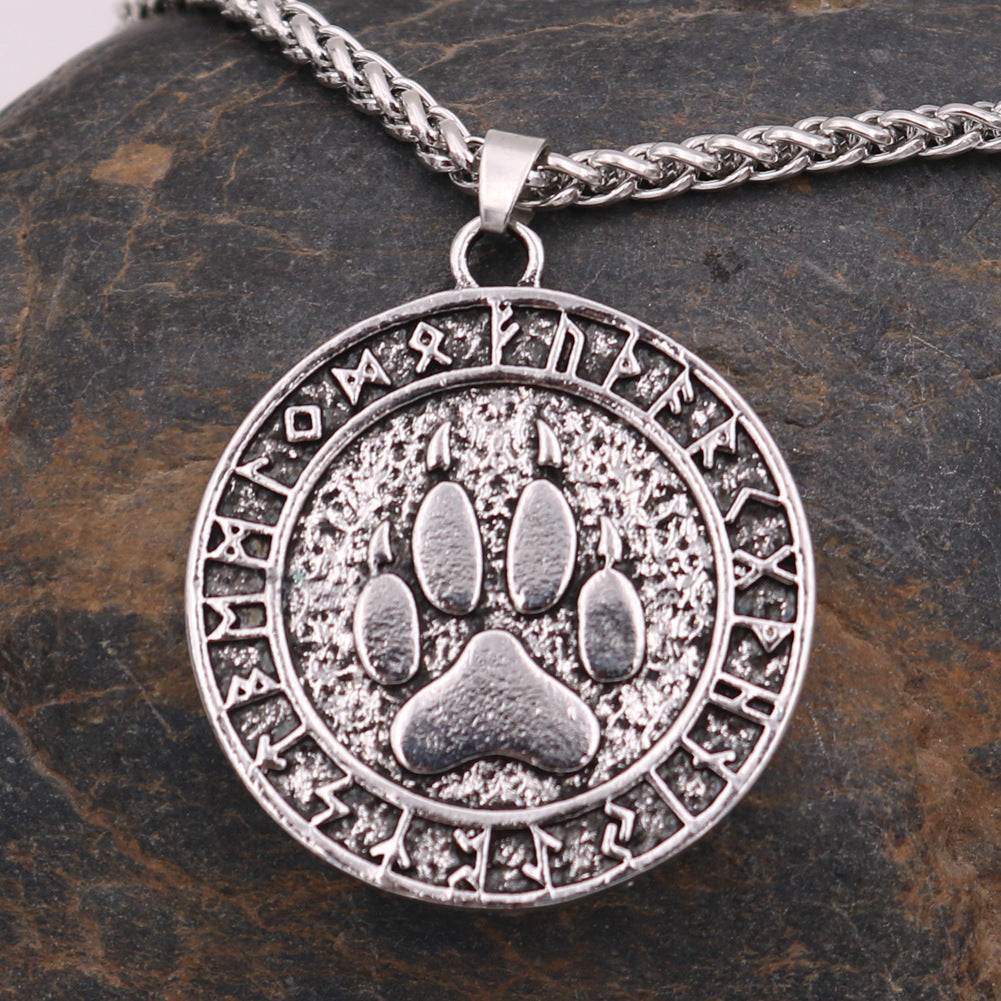 Viking Bear Claw Metal Necklace with Rune Pendant - Nordic Mythology Jewelry for Men