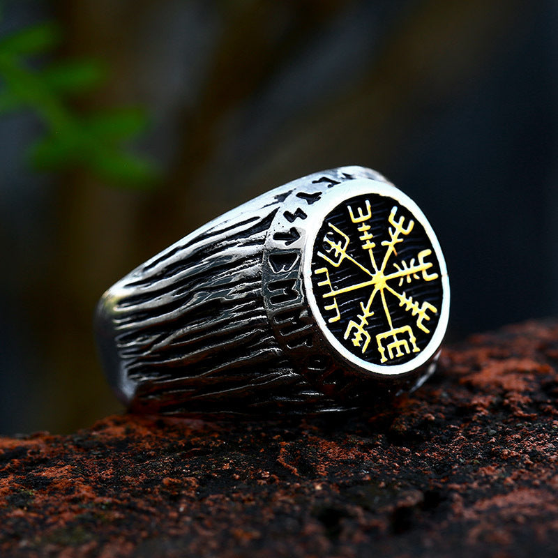 Titanium Steel Viking Compass Ring for Men - Retro Stainless Steel with Old Viking Letter Design