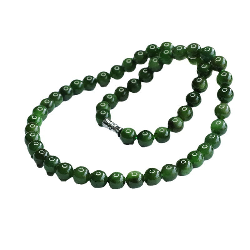 Natural Hetian Jade Necklace Jasper Beads Chain Russian Spinach Green