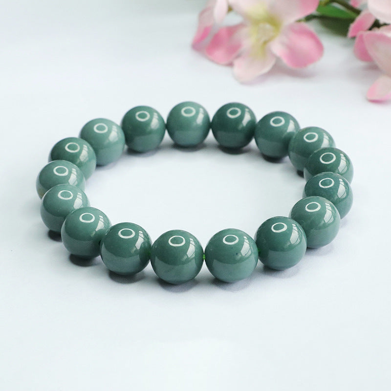 Jade Bracelet with Old Blue Green Beads and Sterling Silver Needle