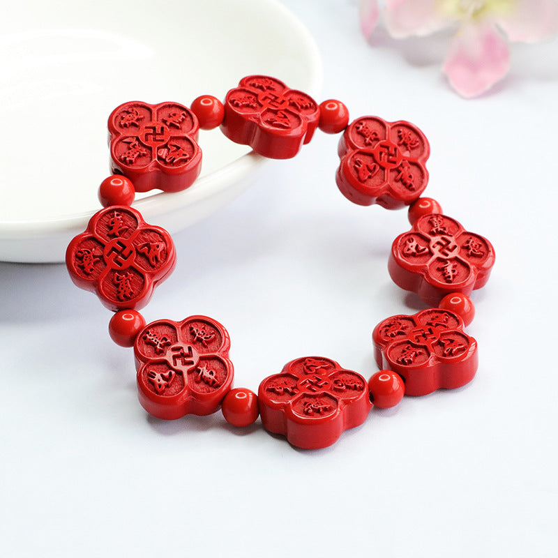 Fortune's Favor Sterling Silver Cinnabar Stone Bracelet with Four-Leaf Clover Inscription