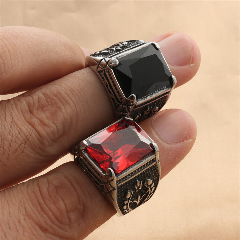 Trendy Multi-Color Zircon Titanium Steel Square Ring for Men and Women