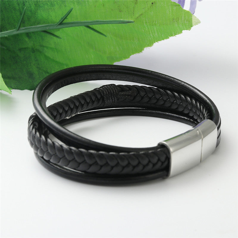 Titanium Steel Woven Feather Leather Bracelet for Men - Personalized Punk Style Accessory