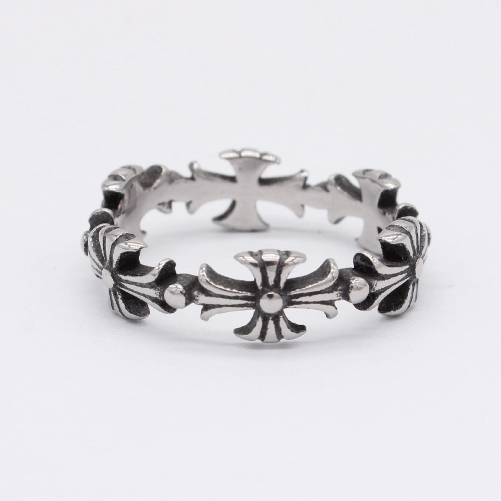 Long Cross Flower Round Bead Titanium Steel Ring for Men